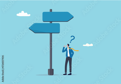 Choosing between 2 choices, make decision to the left or right, thinking in difficult situation, confusion concept, businessman thinking with question mark choose between 2 direction with copy space