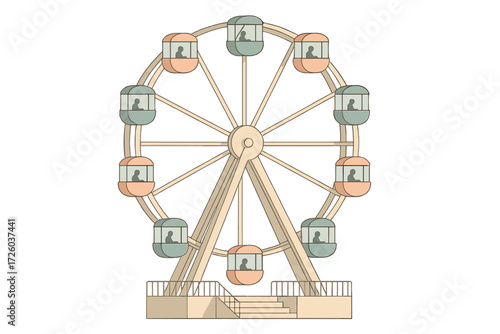 Pastel Ferris Wheel Design. Isometric vector illustration set Ferris Wheel Structure and Cabins: side view of large wheel with