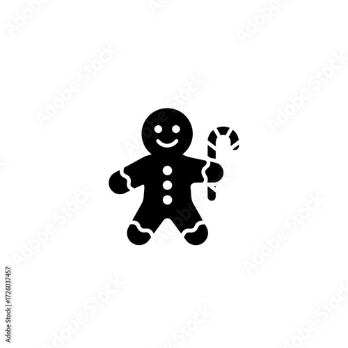 Gingerbread man smiling and holding a candy cane in Christmas style  