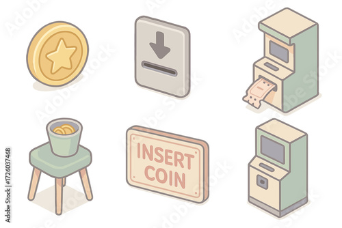 Arcade Token Elements. Isometric vector illustration set Arcade Token and Entry Elements: round game token with star imprint, coin