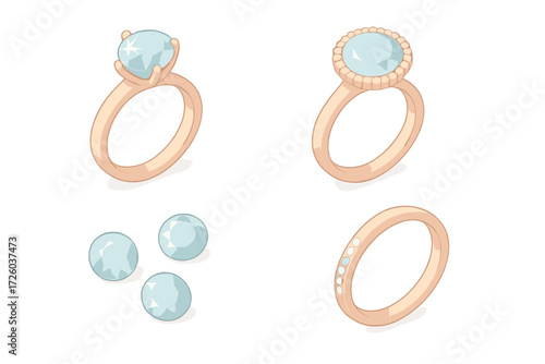 Isometric Engagement Rings. Isometric vector illustration set Engagement Ring Elements: solitaire diamond setting, halo ring