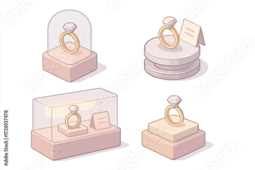 Diamond Ring Showcase. Isometric vector illustration set Ring Display and Showcase: diamond ring under glass dome, rotating stand