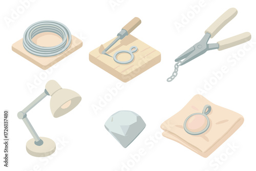 Jewelry Craft Process. Isometric vector illustration set Jewelry Craft and Assembly Scene: silver wire coiled on desk, pendant