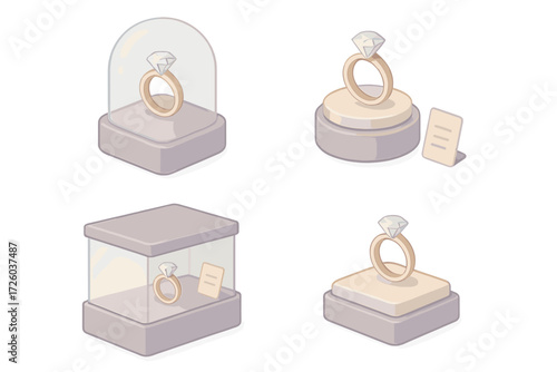 Diamond Ring Showcase. Isometric vector illustration set Ring Display and Showcase: diamond ring under glass dome, rotating stand