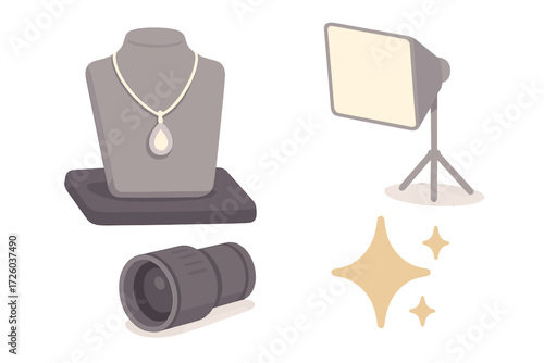 Isometric Necklace Showcase. Isometric vector illustration set Necklace Photography and Showcase: pendant centered on cloth board,