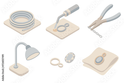 Jewelry Craft Process. Isometric vector illustration set Jewelry Craft and Assembly Scene: silver wire coiled on desk, pendant