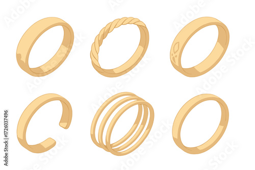 Gold Bangle Variants. Isometric vector illustration set Gold Bangle Variants and Textures: hammered gold bangle, braided twist