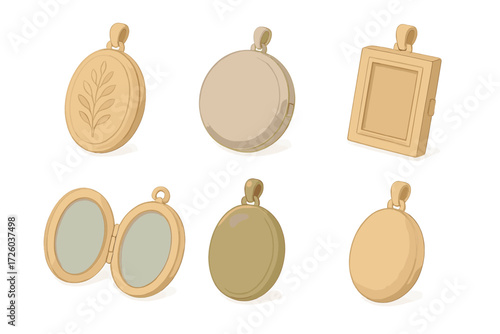 Locket Design Collection. Isometric vector illustration set Locket Styles and Formats: oval locket with etched pattern, round
