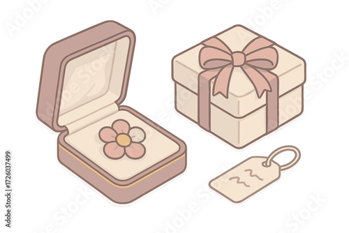 Elegant Brooch Presentation. Isometric vector illustration set Brooch Box and Presentation: hinged velvet box open, padded satin