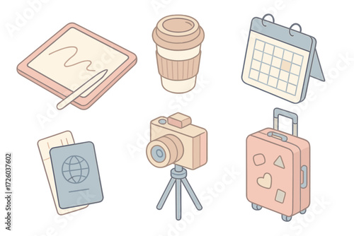 Freelance Lifestyle Essentials. Isometric vector illustration set Freelance Lifestyle: tablet with stylus, coffee to-go cup,