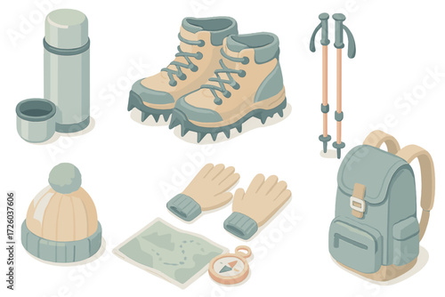 Winter Hiking Gear. Isometric vector illustration set Winter Hiking Essentials: thermal flask with cup, snow boots with spikes,