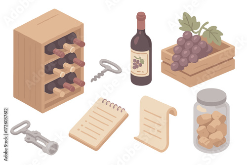 Wine Cellar Icons. Isometric vector illustration set Wine Cellar Scene: wooden wine rack filled, corkscrew lying flat, vintage
