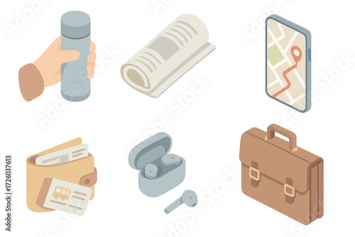 Commuter's Essentials. Isometric vector illustration set Commuter Morning Routine: thermos flask in hand, newspaper roll,