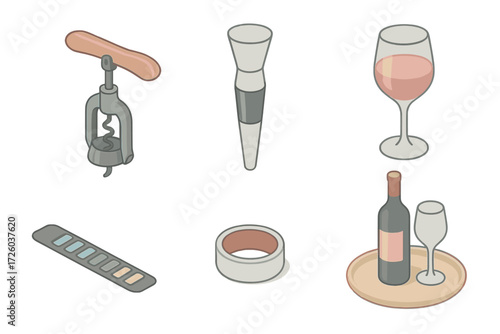 Sommelier Tools Icons. Isometric vector illustration set Sommelier Tools: lever corkscrew opener, wine aerator funnel, tasting