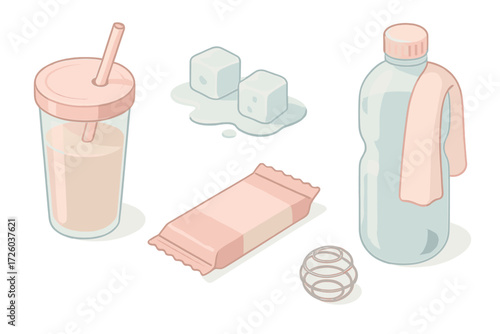 Gym Hydration Essentials. Isometric vector illustration set Gym Hydration Kit: tumbler with protein shake, ice cubes melting,