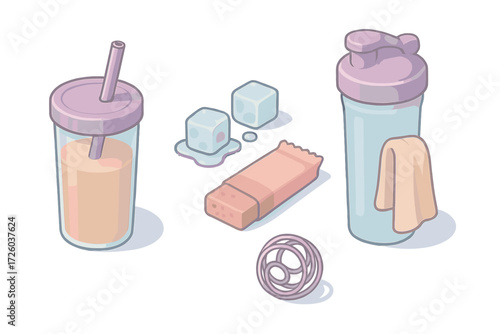 Gym Hydration Essentials. Isometric vector illustration set Gym Hydration Kit: tumbler with protein shake, ice cubes melting,