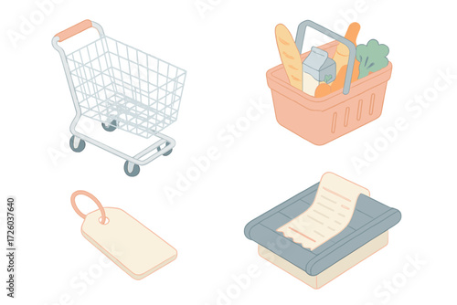 Supermarket Essentials Icons. Isometric vector illustration set Supermarket Essentials: wireframe shopping cart, rolling wheels