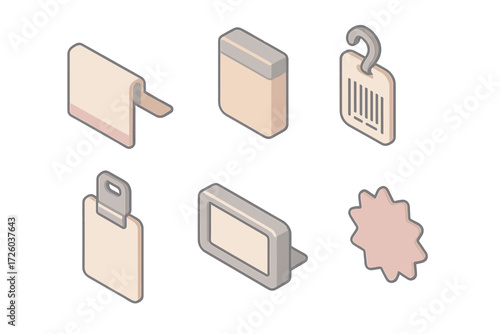 Shelf Tag Variants. Isometric vector illustration set Shelf Tag Variants: fold-over price tag, magnetic discount label, hanging