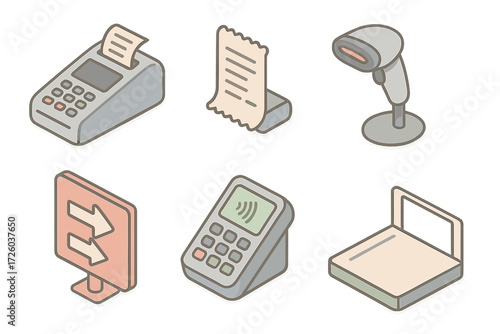 Express Checkout Setup. Isometric vector illustration set Express Checkout Setup: compact cash register, fast print receipt,
