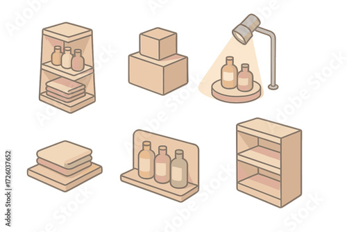 Merchandising Setup Display. Isometric vector illustration set Store Merchandising Setup: tiered display shelf, neatly stacked