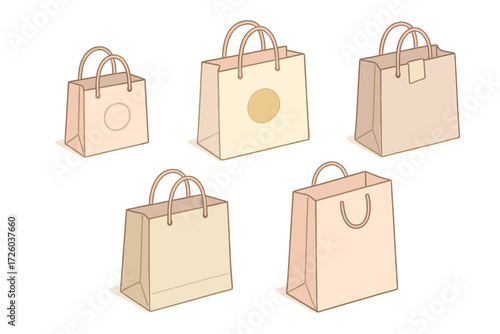 Boutique Shopping Icons. Isometric vector illustration set Boutique Shopping Bags: small square paper bag with logo, thin rope