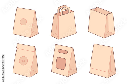 Paper Bag Designs. Isometric vector illustration set Paper Bag Variants: flat top bag with logo, angled side view with handle,