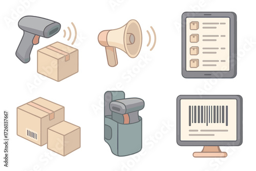 Warehouse Scanning System. Isometric vector illustration set Warehouse Scanning System: barcode reader pointed at item, beep icon