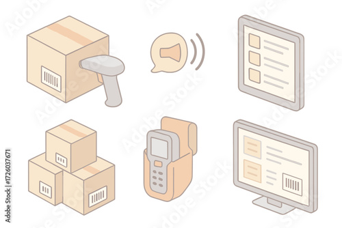 Warehouse Scanning System. Isometric vector illustration set Warehouse Scanning System: barcode reader pointed at item, beep icon