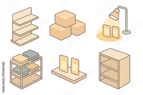 Merchandising Setup Display. Isometric vector illustration set Store Merchandising Setup: tiered display shelf, neatly stacked