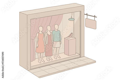 Pastel Fashion Storefront. Isometric vector illustration set Fashion Storefront Display: floor-to-ceiling glass window, mannequin
