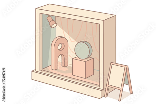 Artistic Window Display. Isometric vector illustration set Artistic Window Installation: abstract props in window frame,