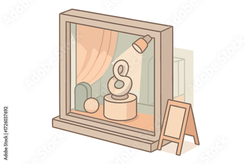 Artistic Window Display. Isometric vector illustration set Artistic Window Installation: abstract props in window frame,
