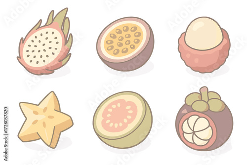 Exotic Fruits Icons. Isometric vector illustration set of exotic fruits: dragon fruit half, passion fruit interior, lychee peeled,