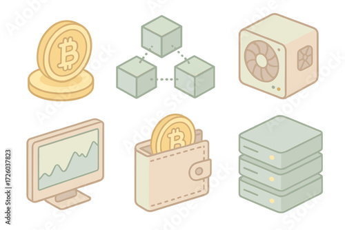 Cryptocurrency Isometric Icons. Isometric vector illustration set of cryptocurrency: bitcoin coin, blockchain cube, mining rig,