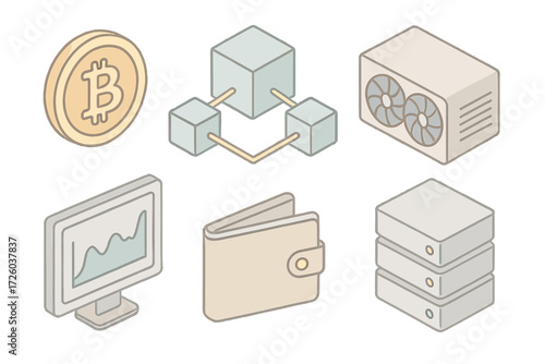 Cryptocurrency Isometric Icons. Isometric vector illustration set of cryptocurrency: bitcoin coin, blockchain cube, mining rig,