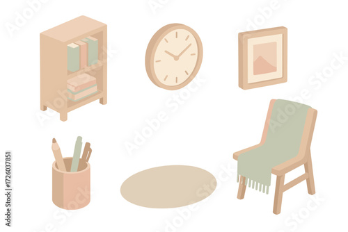 Cozy Home Office Essentials. Isometric vector illustration set of cozy home office accessories: bookshelf, wall clock, framed