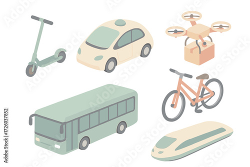 Modern Transport Icons. Isometric vector illustration set of modern transport: electric scooter, self-driving car, high-speed