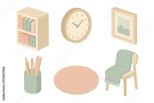 Cozy Home Office Essentials. Isometric vector illustration set of cozy home office accessories: bookshelf, wall clock, framed