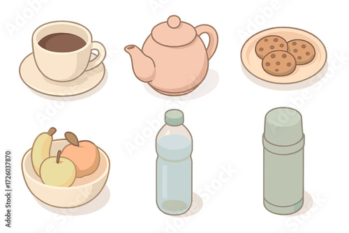 Cozy Office Snacks. Isometric vector illustration set of cozy home office snacks and drinks: coffee cup, teapot, cookie plate,