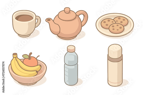 Cozy Office Snacks. Isometric vector illustration set of cozy home office snacks and drinks: coffee cup, teapot, cookie plate,