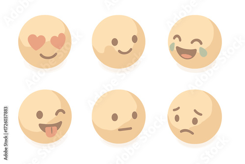 Cute Emoji Faces. Isometric vector illustration set of cute round emoji faces: love eyes hearts, shy smile with rosy cheeks,