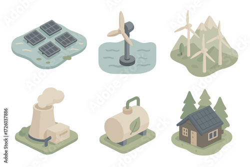Renewable Energy Icons. Isometric vector illustration set of renewable energy in nature: floating solar panels on water, tidal