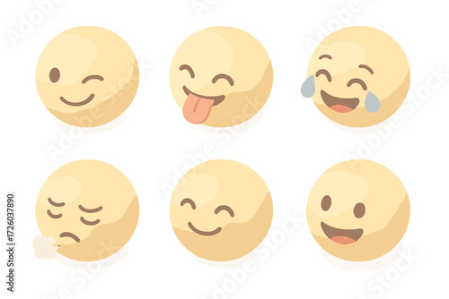 Cute Emoji Faces. Isometric vector illustration set of cute round emoji faces: mischievous wink, silly tongue out, crying with joy