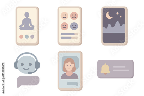 Digital Mental Health Tools. Isometric vector illustration set of digital mental health: mobile meditation app, mood tracker