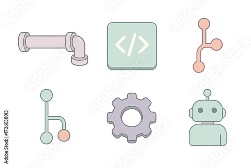 Continuous Integration Icons. Isometric vector illustration set of continuous integration: pipeline flow, code repository, commit