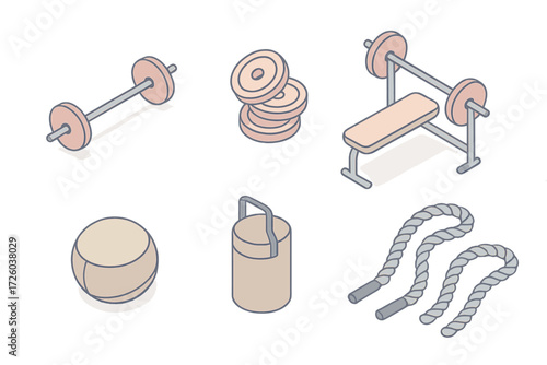 Minimalist Gym Equipment Icons. Isometric vector illustration set of minimalist gym equipment icons: barbell, weight plates, bench