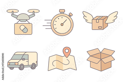 Express Pharmacy Delivery Icons. Isometric vector illustration set of express pharmacy delivery: drone carrying pill box,