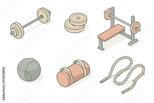 Minimalist Gym Equipment Icons. Isometric vector illustration set of minimalist gym equipment icons: barbell, weight plates, bench