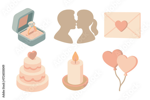 Romantic Wedding Icons. Isometric vector illustration set of romantic wedding icons: diamond ring box, kissing couple silhouette,