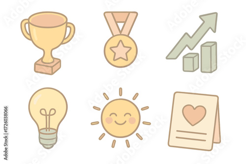 Motivation Icons Collection. Isometric vector illustration set of motivation and positivity icons: trophy, star medal, growth